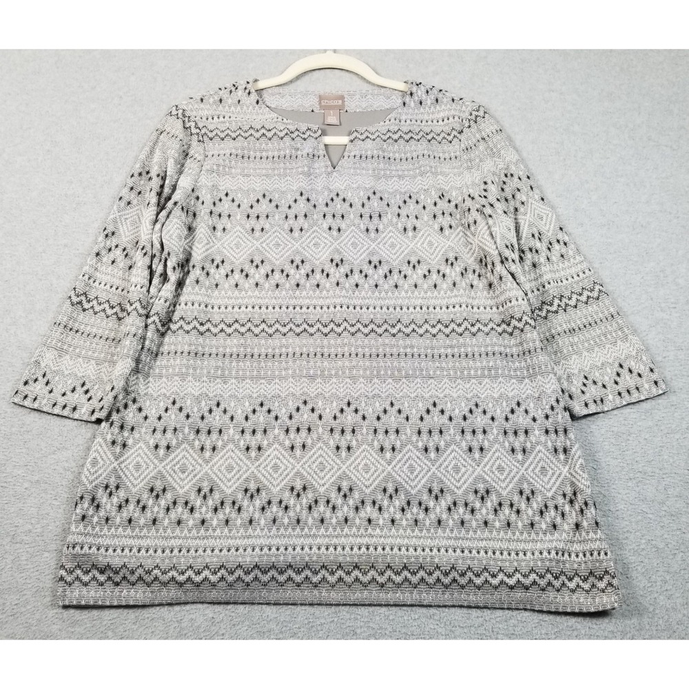 Chico's Tunic Top Women M Medium 1 Gray Black Metallic Geometric 3/4 Sleeve Mesh